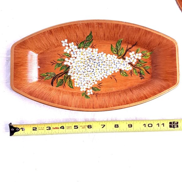 Vintage Hand-Painted Wood Look Trays Floral Design Set Of 2 11"x6" Signed - Picture 5 of 6
